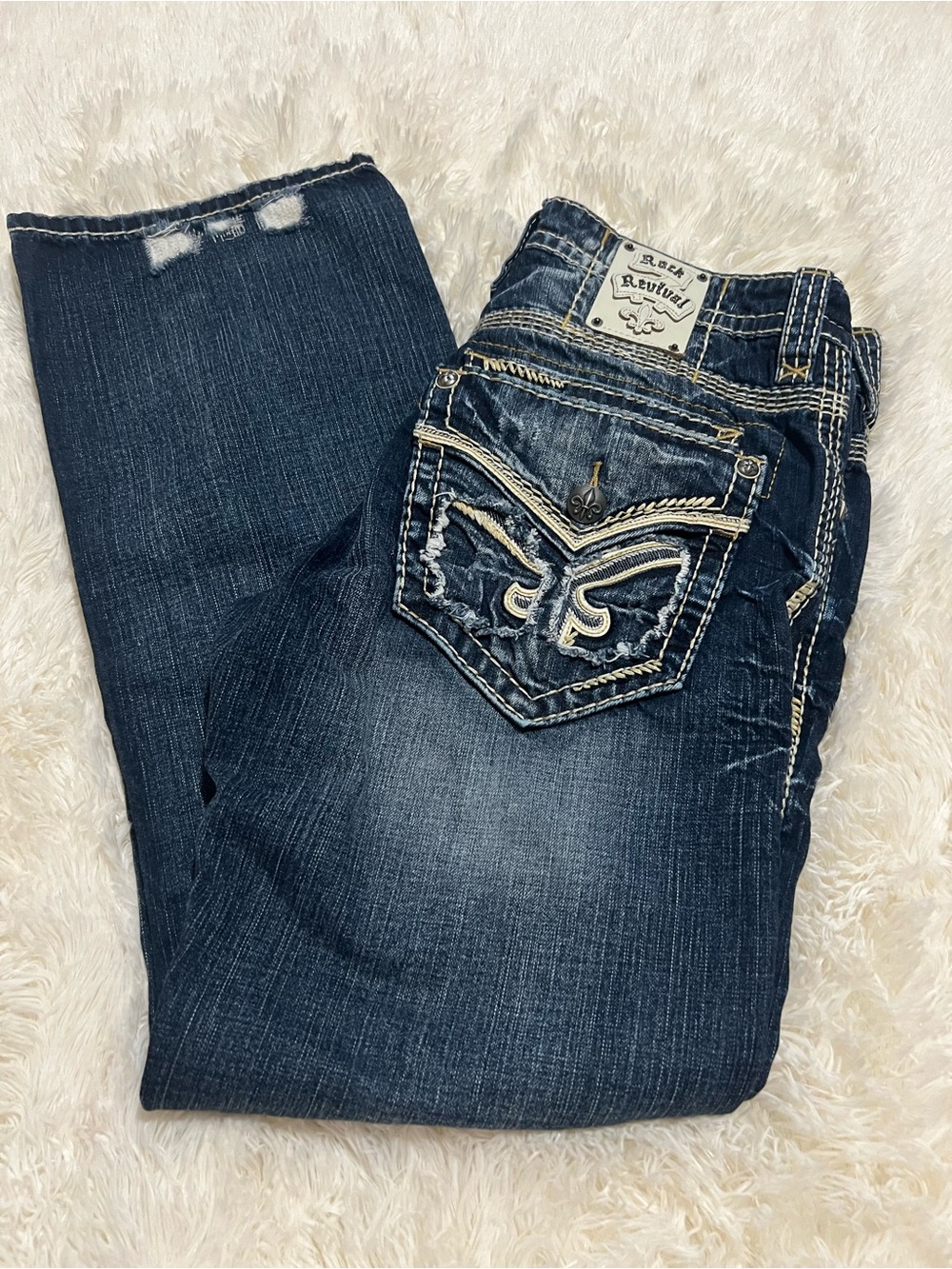 Rock revival Men’s Jeans 34 Dark Wash bootcut distressed denim